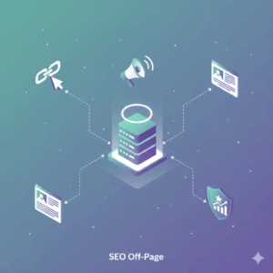 Ilustração de SEO Off-Page, mostrando um servidor central conectado a ícones de link building, menções e reputação online.