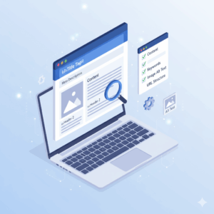 Ilustração de SEO On-Page mostrando a tela de um computador com ícones de otimização de conteúdo, títulos e meta descriptions.