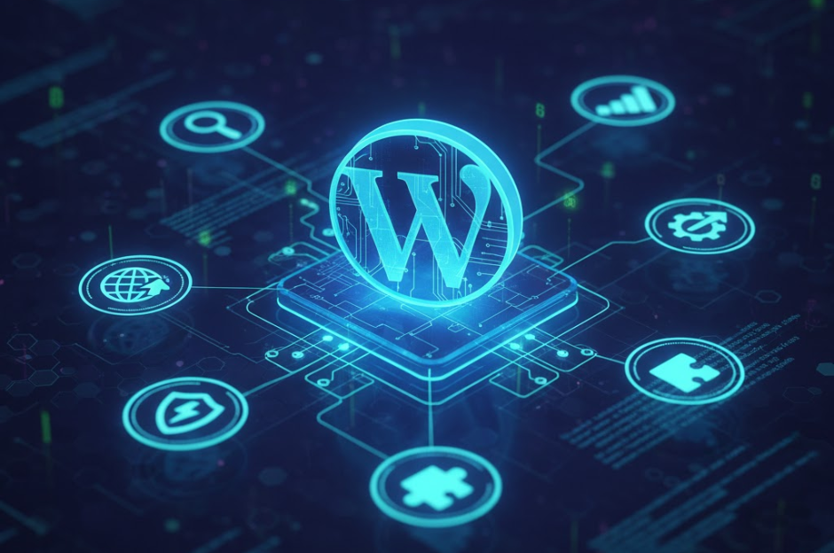 Otimização de SEO para WordPress. Ícone do WordPress centralizado em uma rede tecnológica com ícones ao redor representando otimização, plugins, busca, segurança, performance e análise.